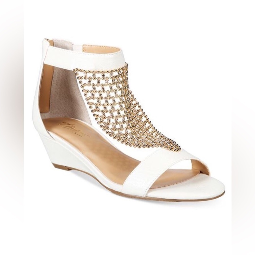 Thalia Sodi Womens Emira Faux Leather Embellished Wedge Sandals.